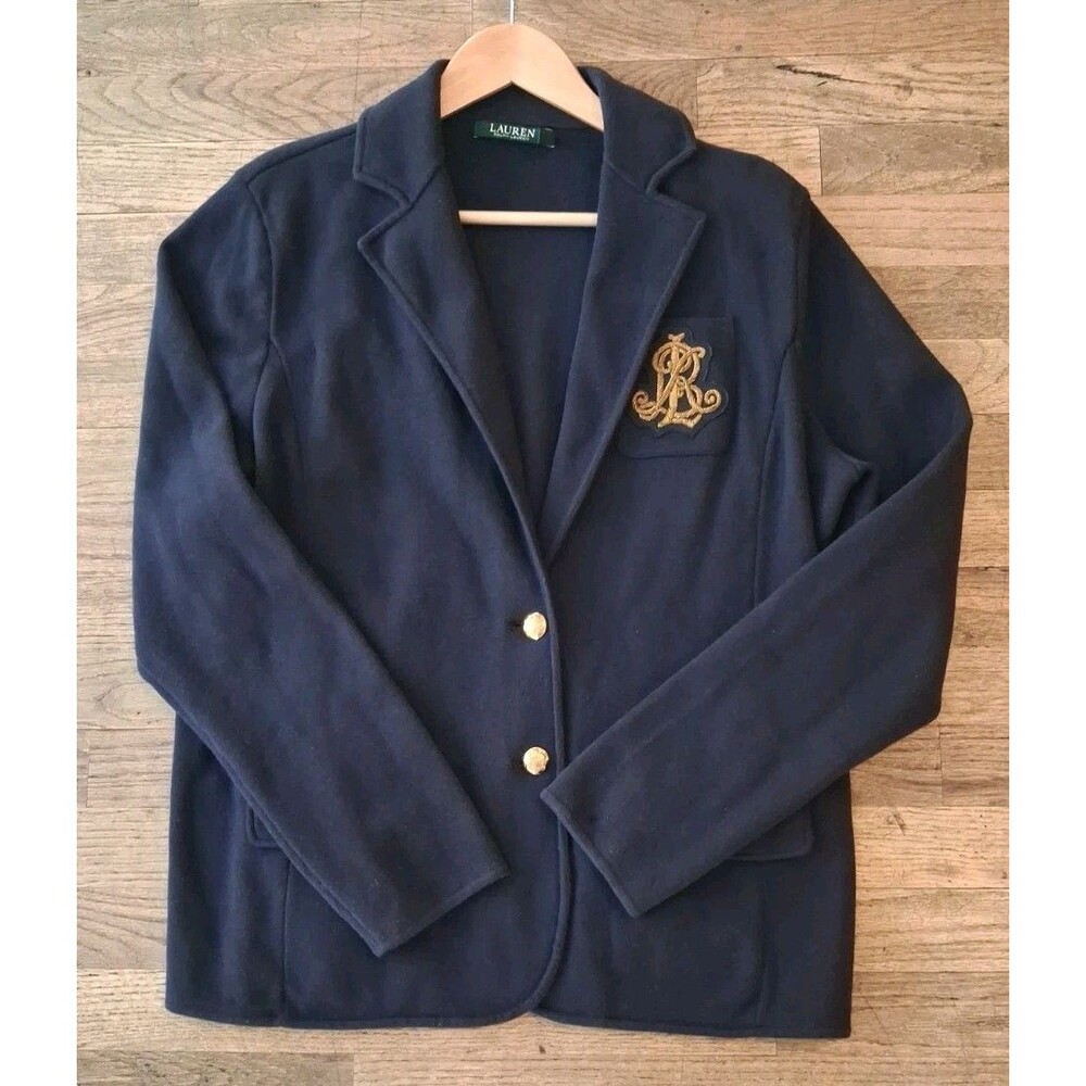 Ralph Lauren Navy Blue Gold Crest Blazer Jacket Coat Knit LRL Preppy Equestrian